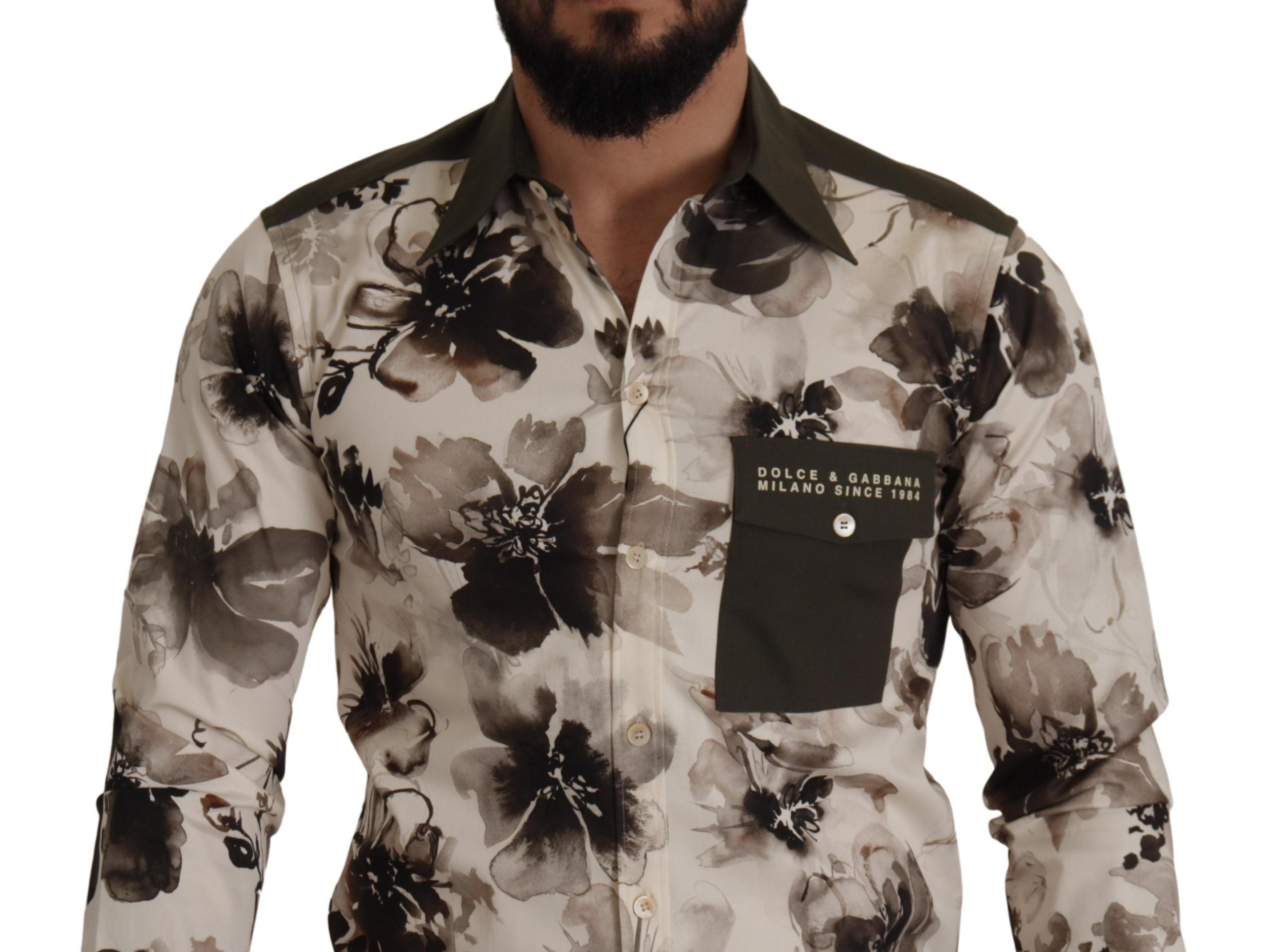 Green Beige Floral Cotton Stretch Exclusive Shirt - ventzia