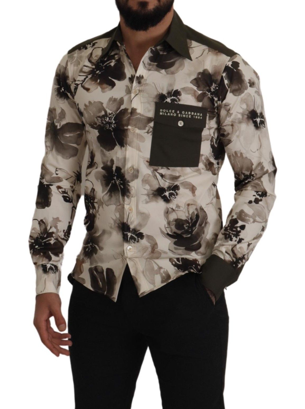 Green Beige Floral Cotton Stretch Exclusive Shirt - ventzia