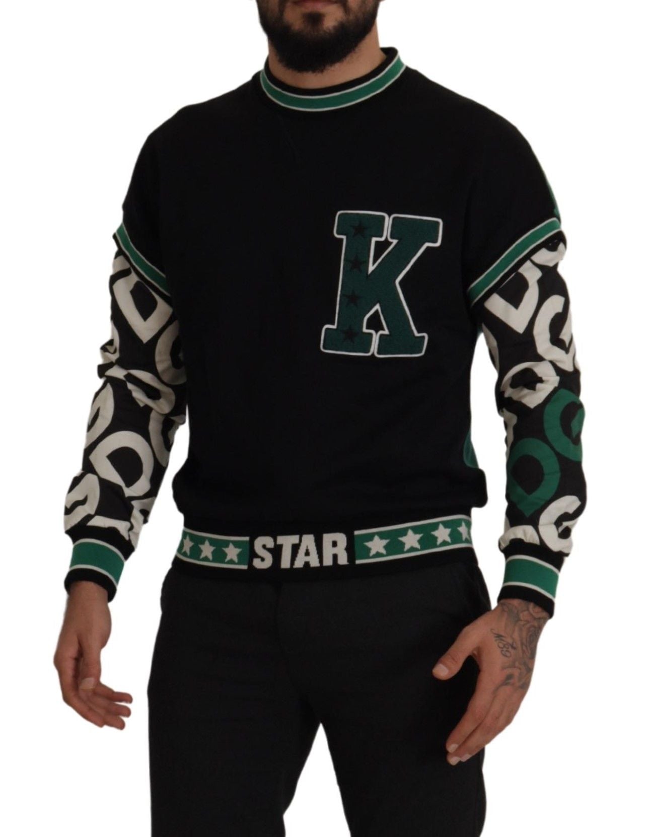 Black Green Cotton KING Star Crewneck Pullover Sweater - ventzia