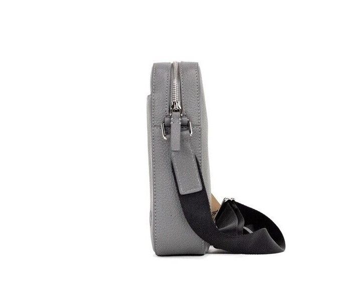 Thornton Small Grey Embossed Logo Grainy Leather Crossbody Handbag - ventzia