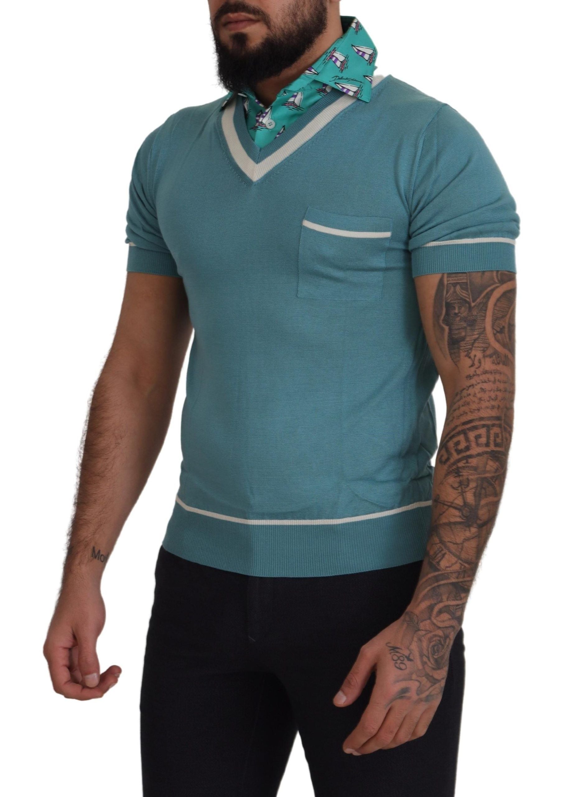 Blue Silk Polo Top Mens V-neck T-shirt - ventzia