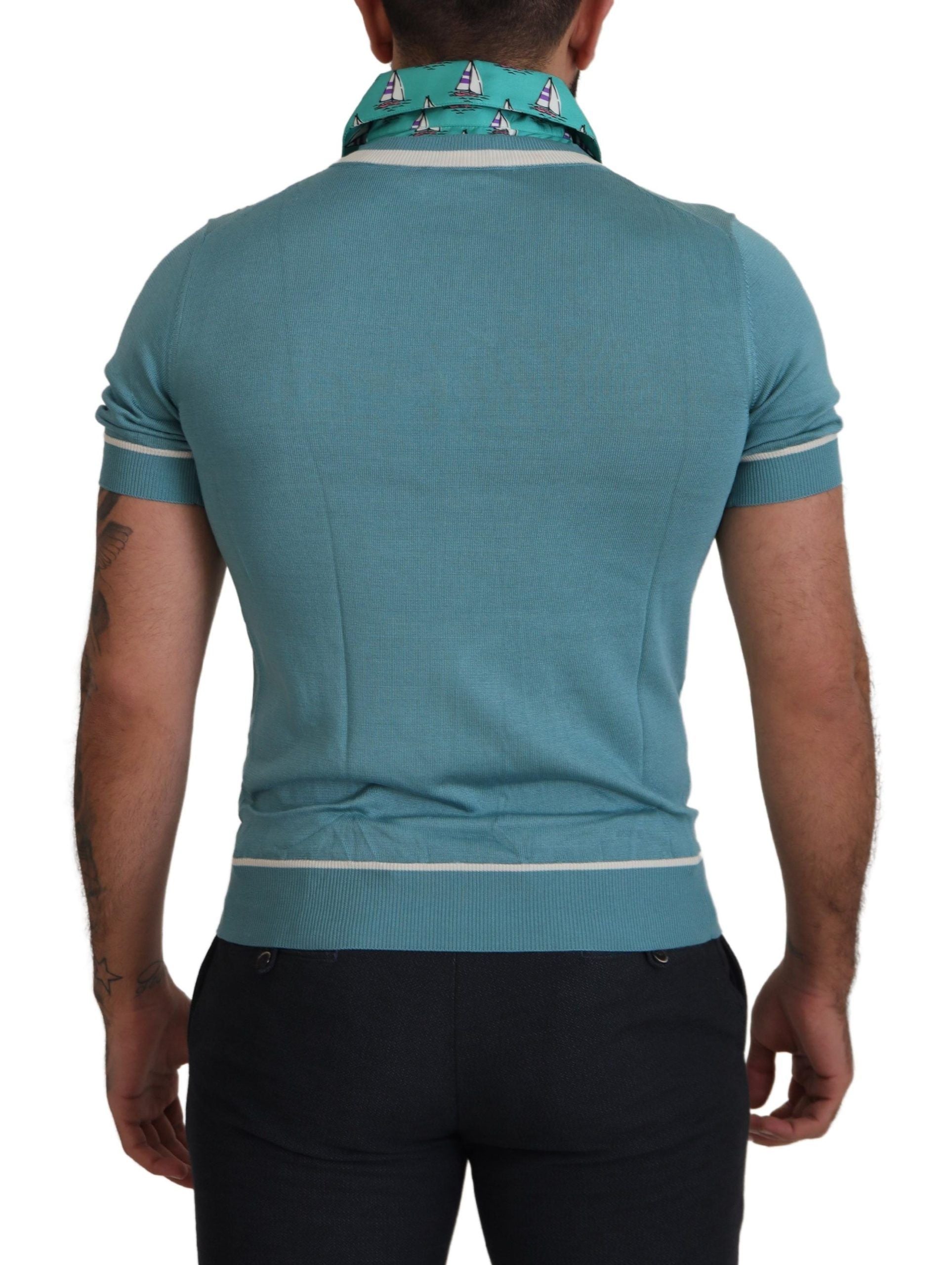 Blue Silk Polo Top Mens V-neck T-shirt - ventzia