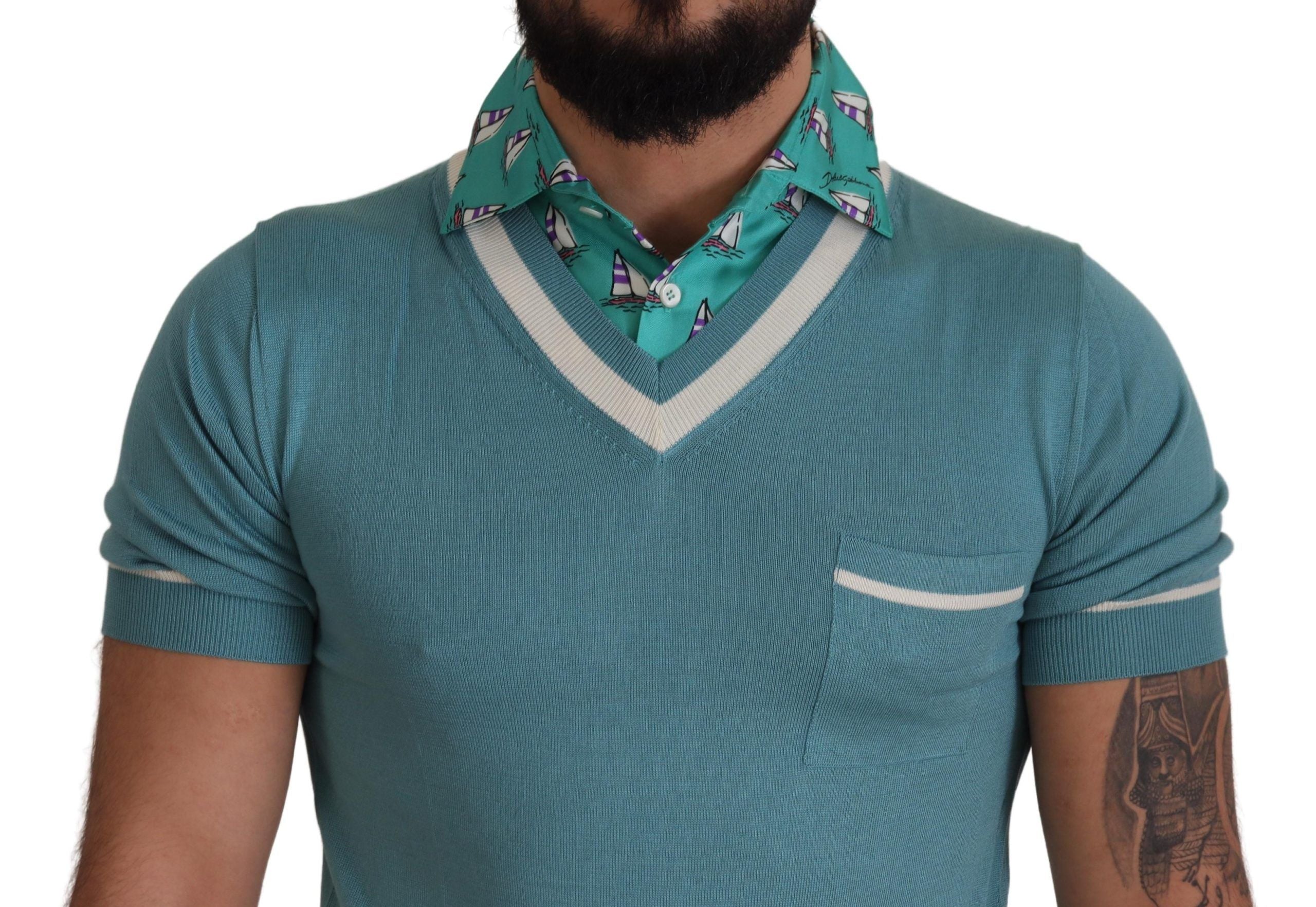 Blue Silk Polo Top Mens V-neck T-shirt - ventzia