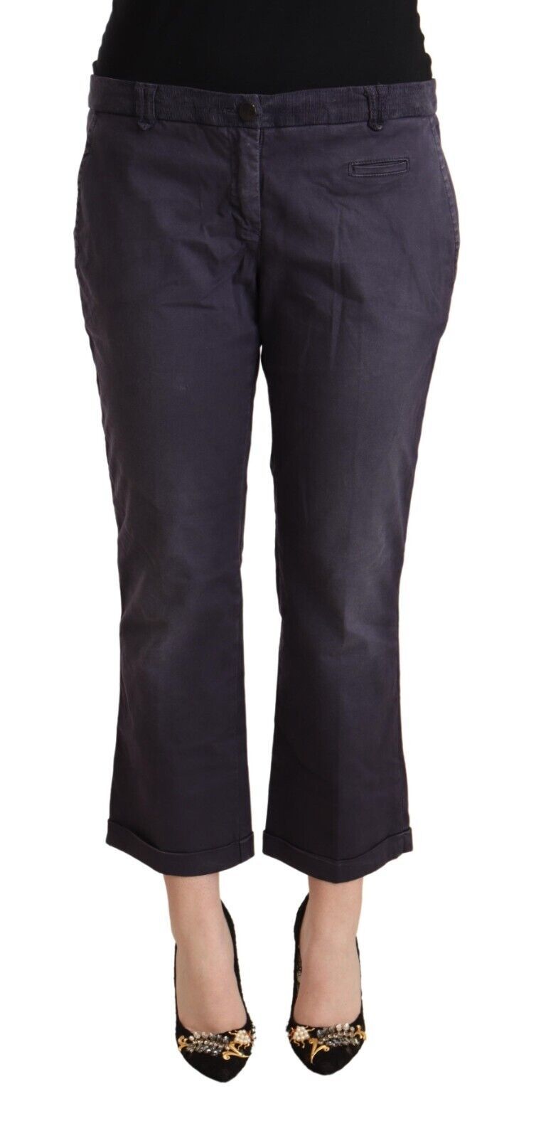 Black Low Waist Folded Hem Flared Cropped Pants - ventzia