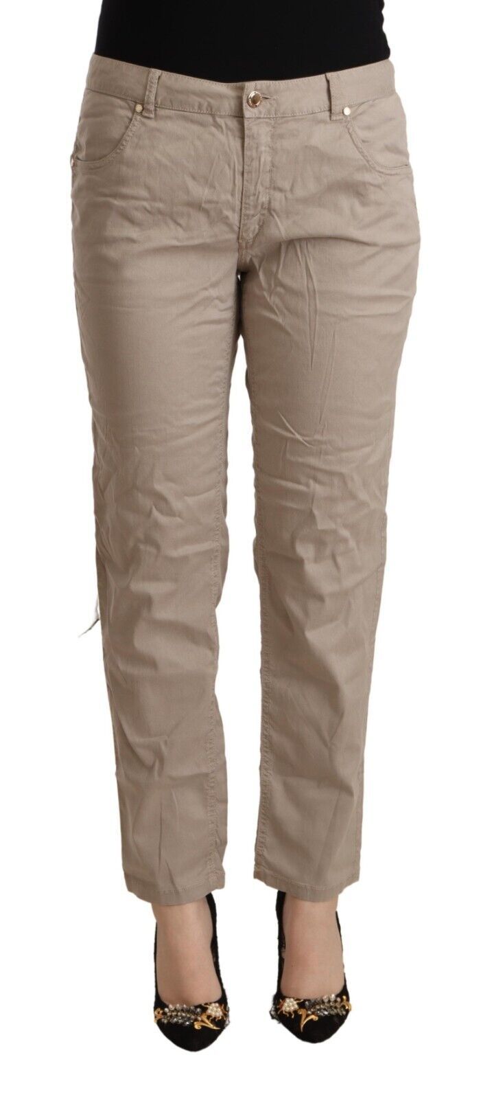 Beige Tencel Mid Waist Tapered Casual Pants - ventzia
