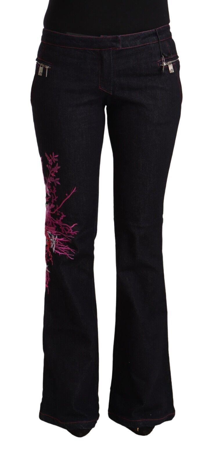 Black Cotton Stretch Mid Waist Cotton Flared Denim Jeans - ventzia