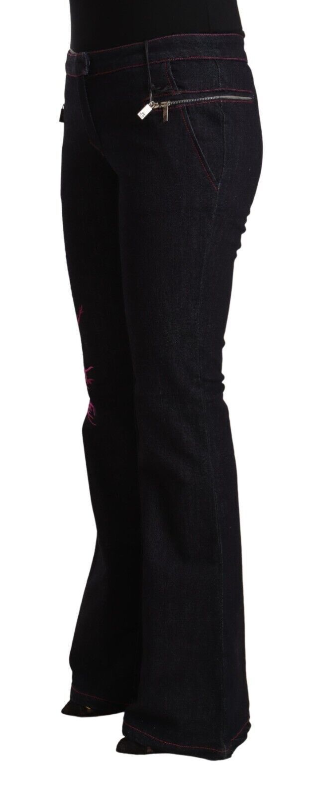 Black Cotton Stretch Mid Waist Cotton Flared Denim Jeans - ventzia