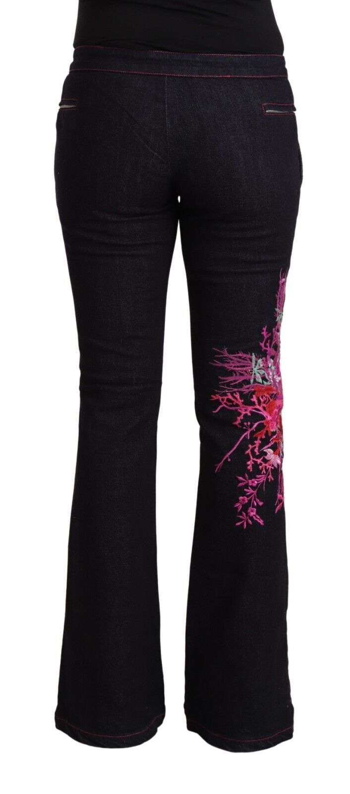 Black Cotton Stretch Mid Waist Cotton Flared Denim Jeans - ventzia