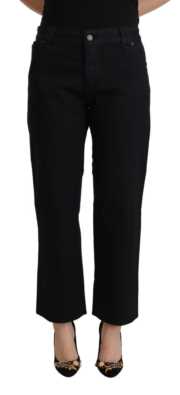 Black Cotton Flared Cropped High Waist Denim Jeans - ventzia