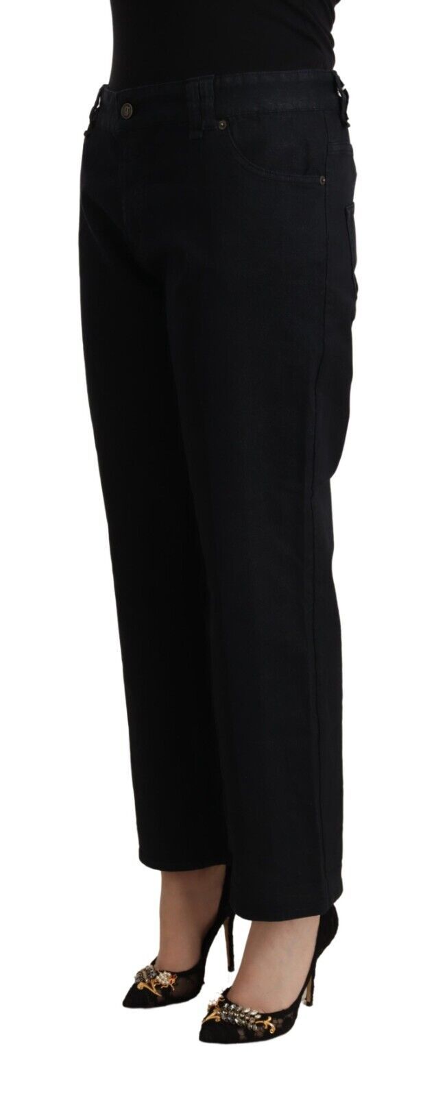 Black Cotton Flared Cropped High Waist Denim Jeans - ventzia