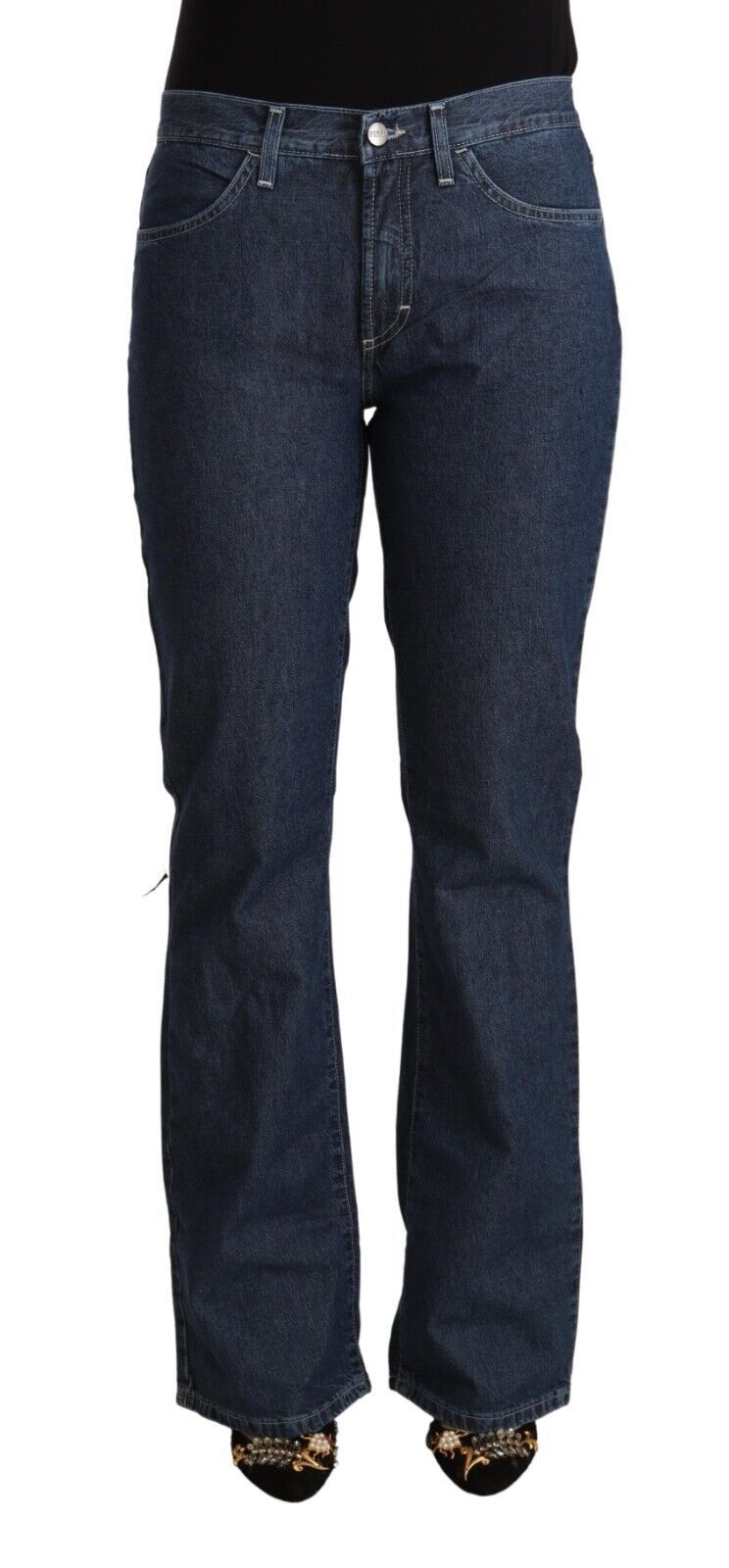 Blue Cotton Mid Waist Flared Denim Jeans - ventzia