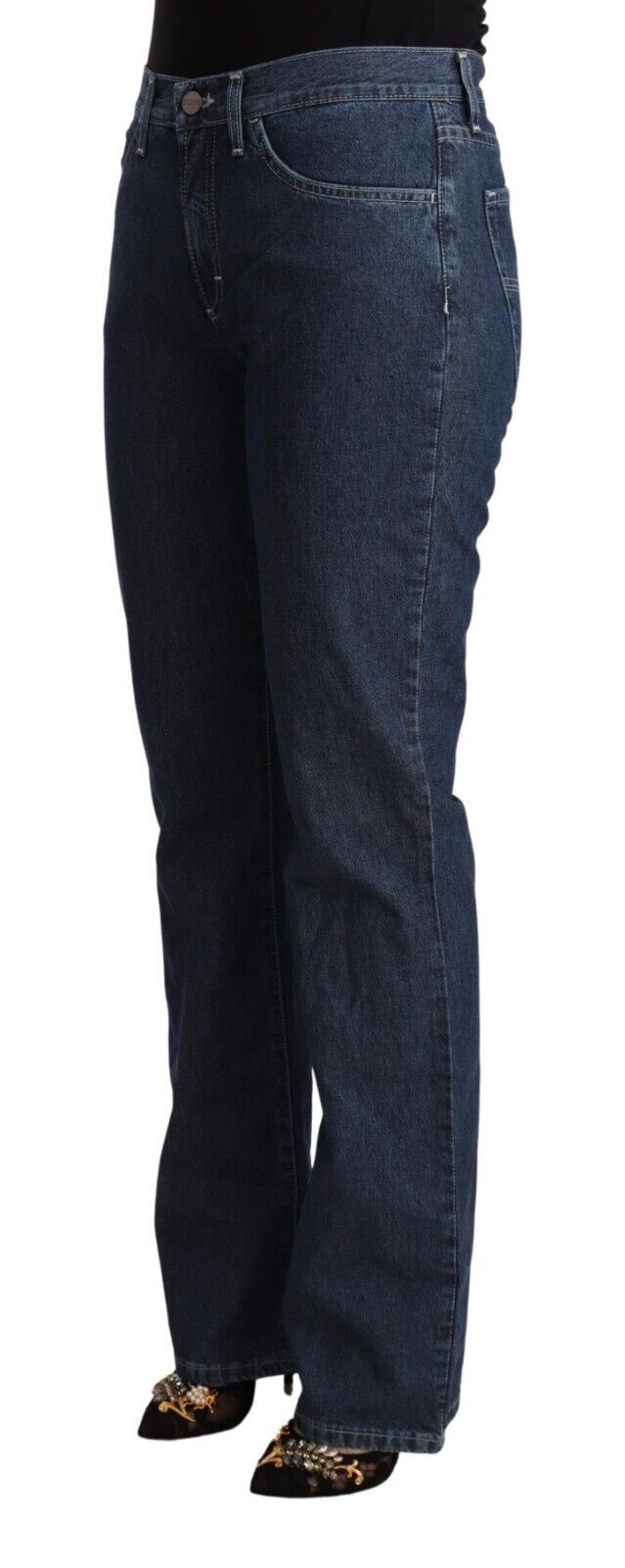 Blue Cotton Mid Waist Flared Denim Jeans - ventzia