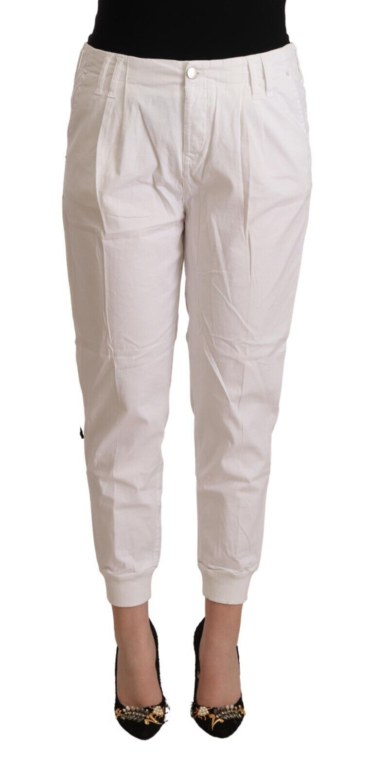 White Cotton Mid Waist Tapered Cropped Pants - ventzia
