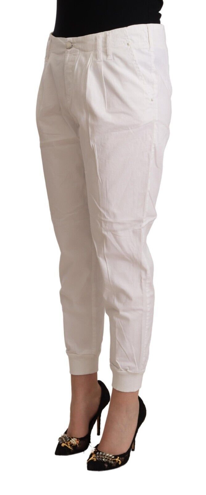 White Cotton Mid Waist Tapered Cropped Pants - ventzia