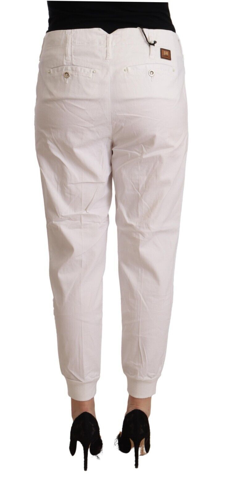 White Cotton Mid Waist Tapered Cropped Pants - ventzia