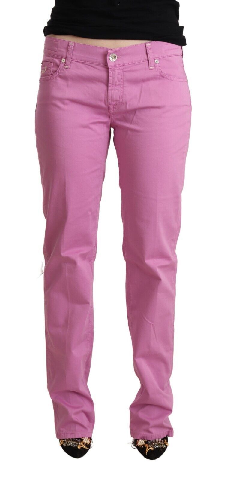 Pink Cotton Low Waist Denim Tapered Jeans - ventzia