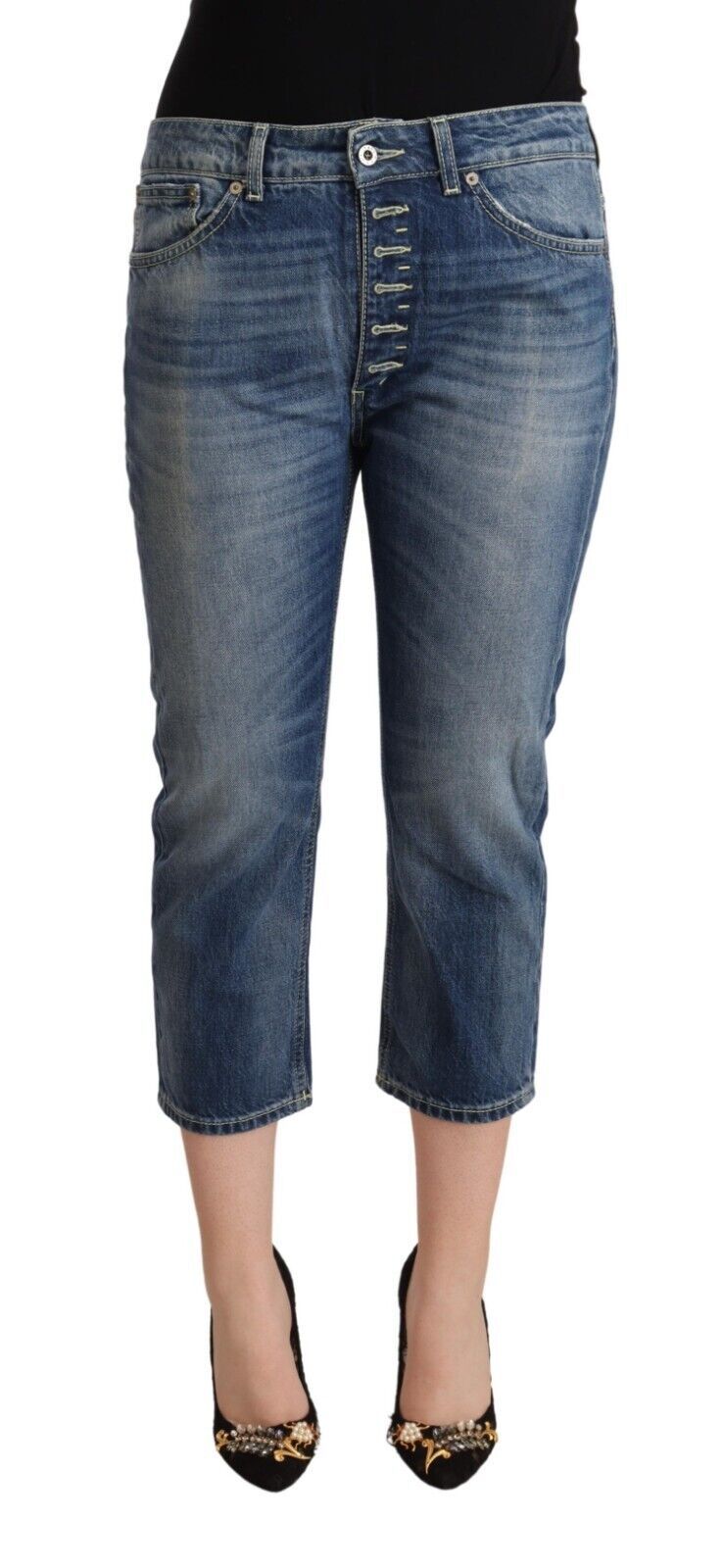 Blue Washed Mid Waist Capri Denim Jeans - ventzia