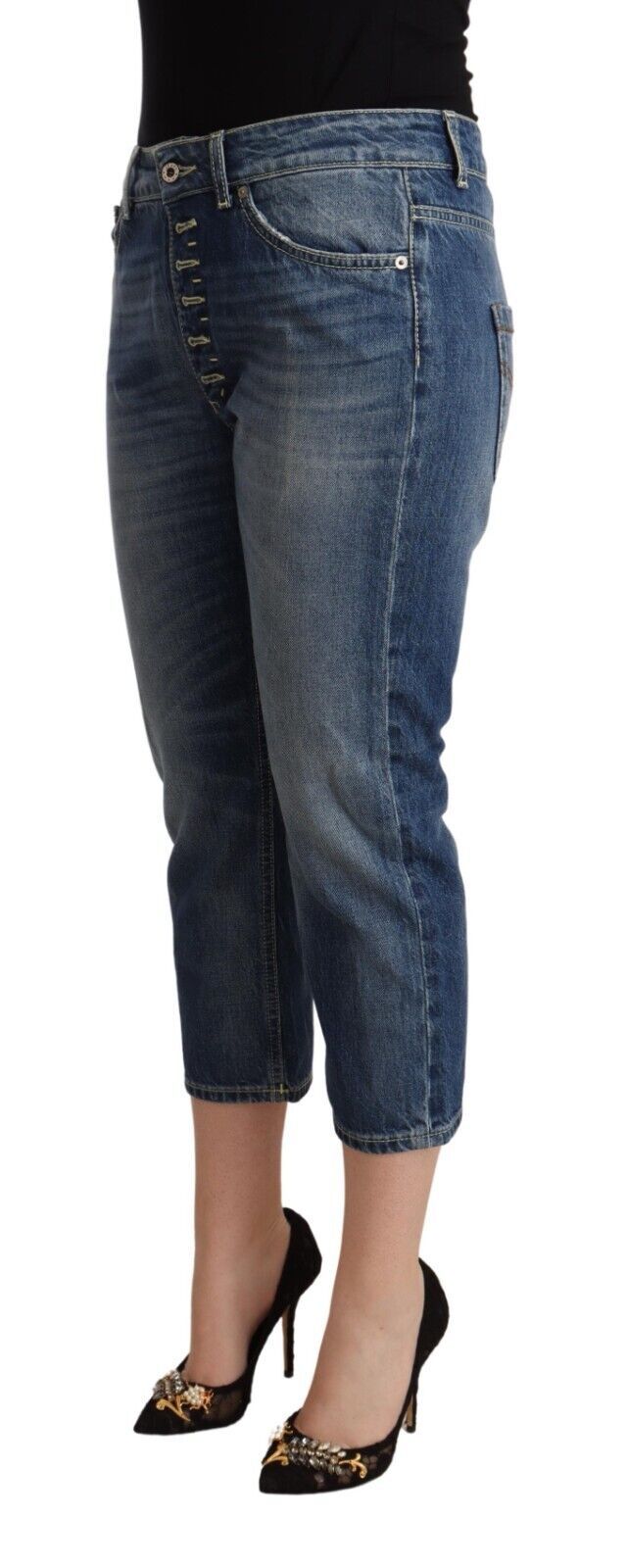 Blue Washed Mid Waist Capri Denim Jeans - ventzia