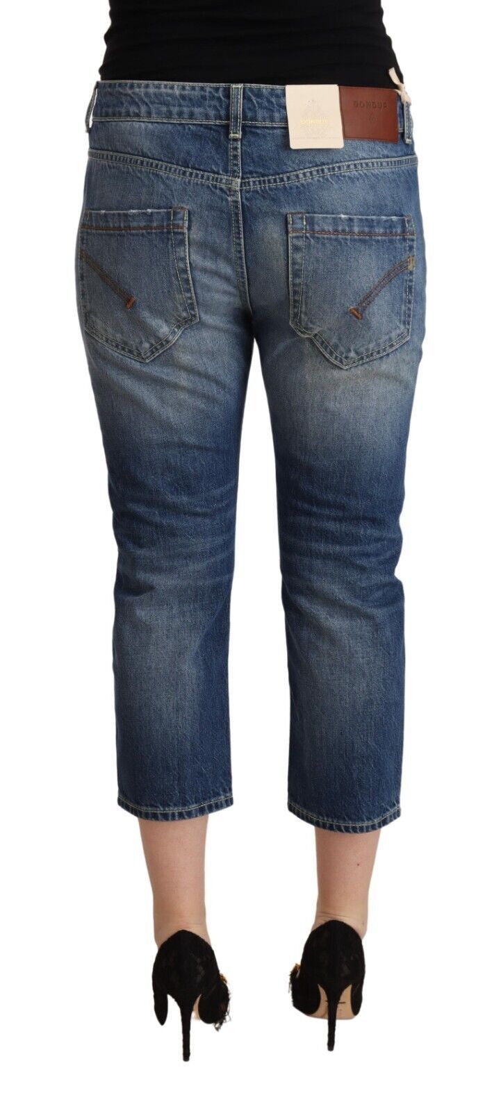 Blue Washed Mid Waist Capri Denim Jeans - ventzia
