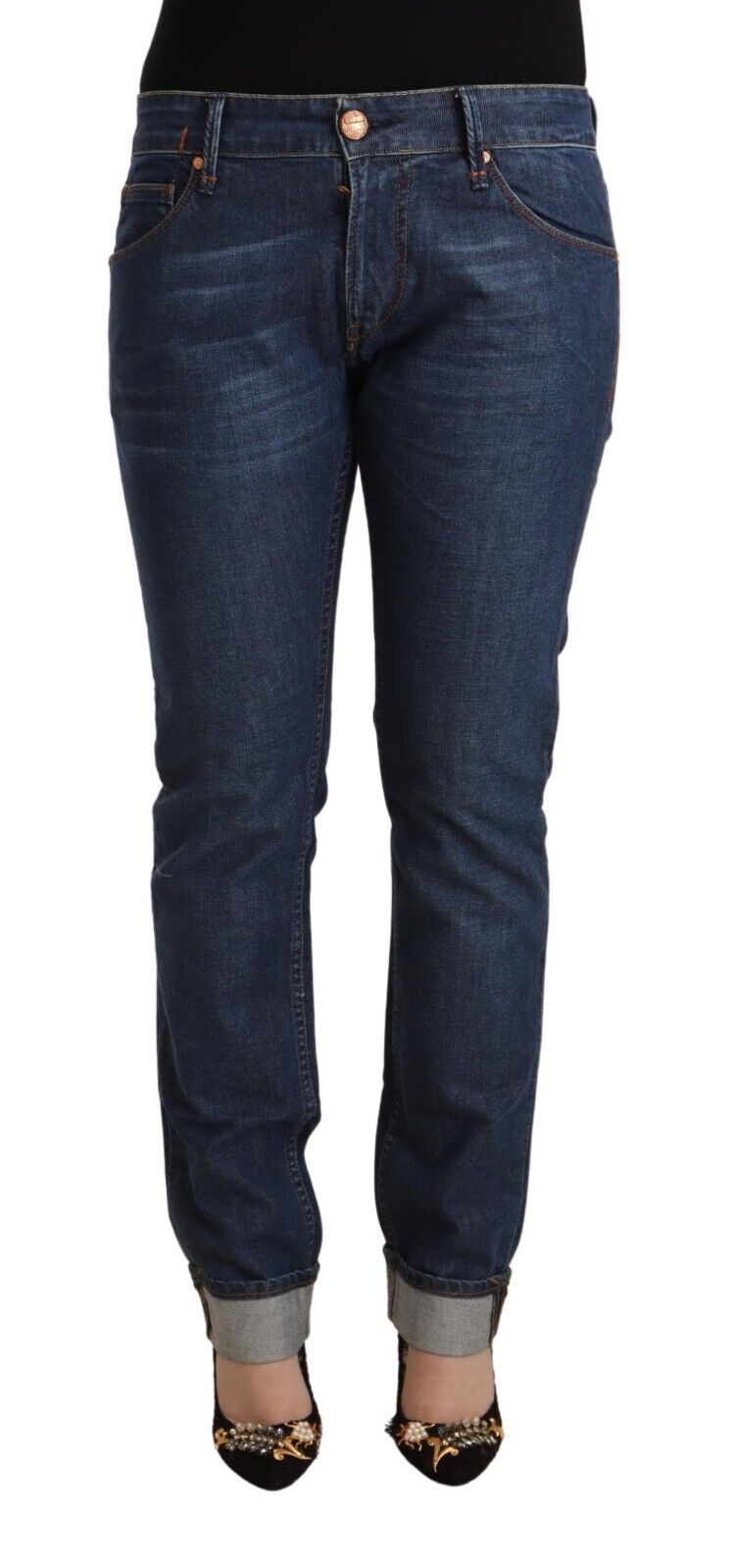 Dark Blue Cotton Slim Fit Folded Hem Denim Jeans - ventzia