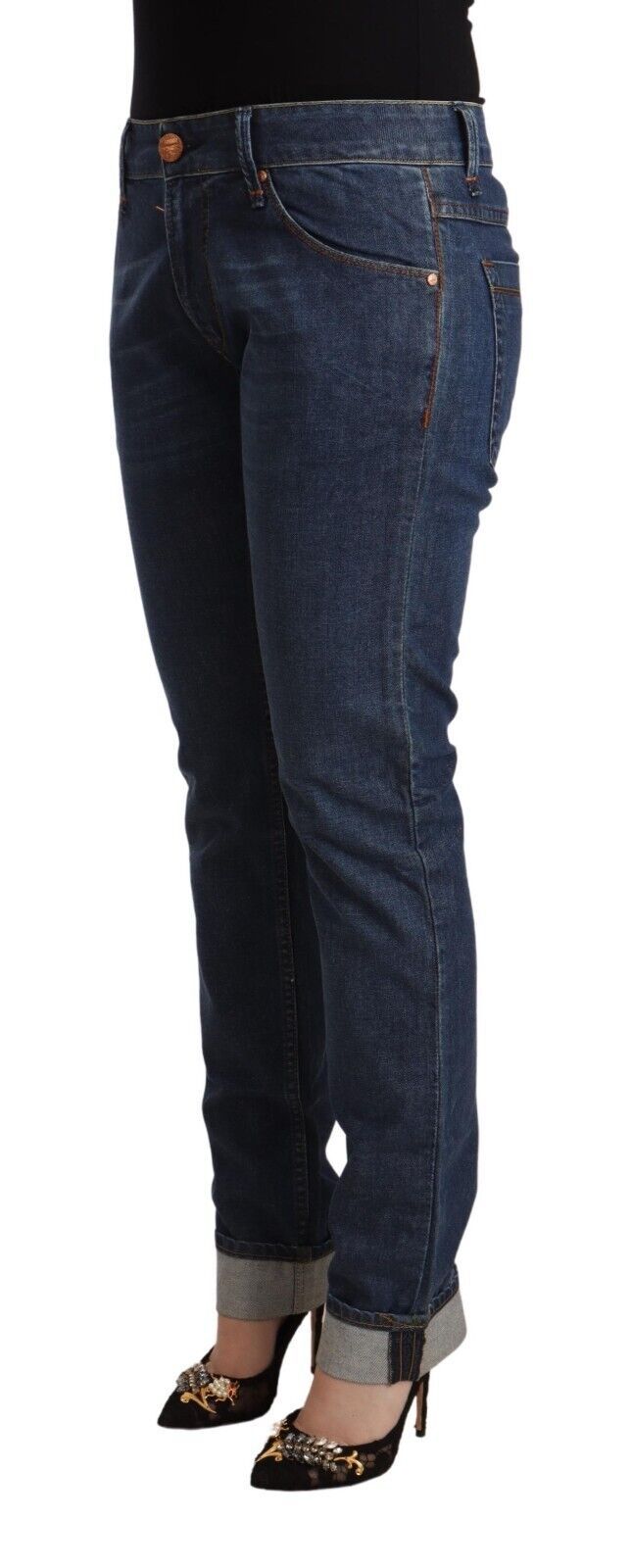 Dark Blue Cotton Slim Fit Folded Hem Denim Jeans - ventzia