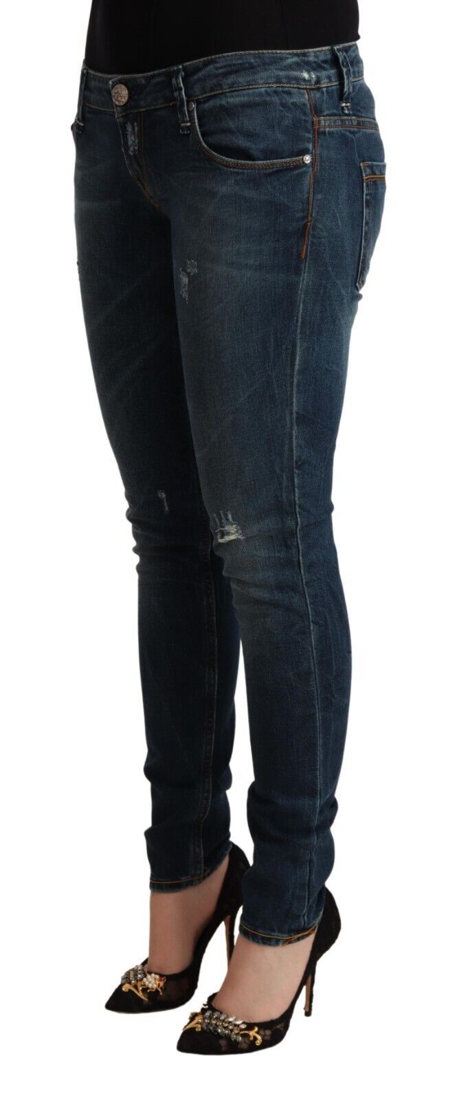 Blue Washed Low Waist Slim Fit Denim Jeans - ventzia