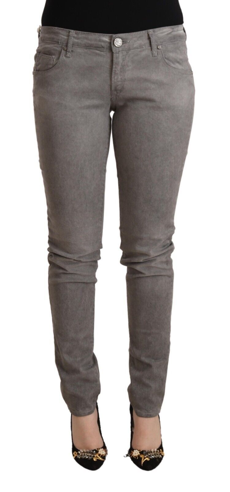 Gray Cotton Low Waist Skinny Push Up Denim Jeans - ventzia
