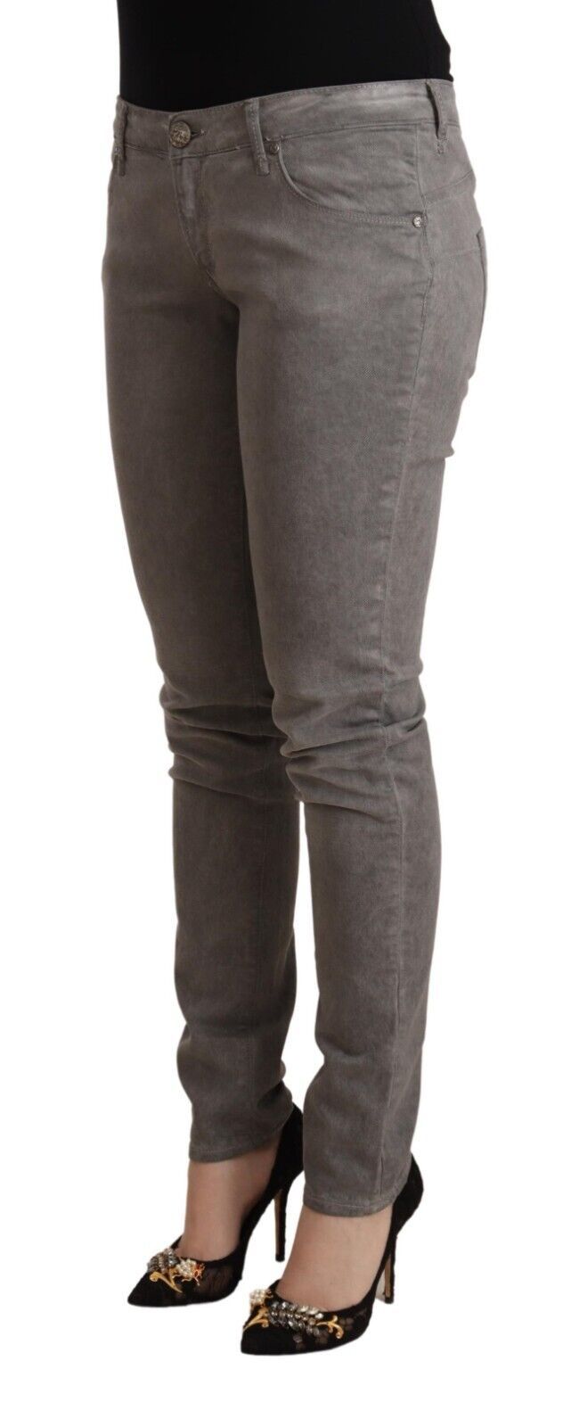 Gray Cotton Low Waist Skinny Push Up Denim Jeans - ventzia