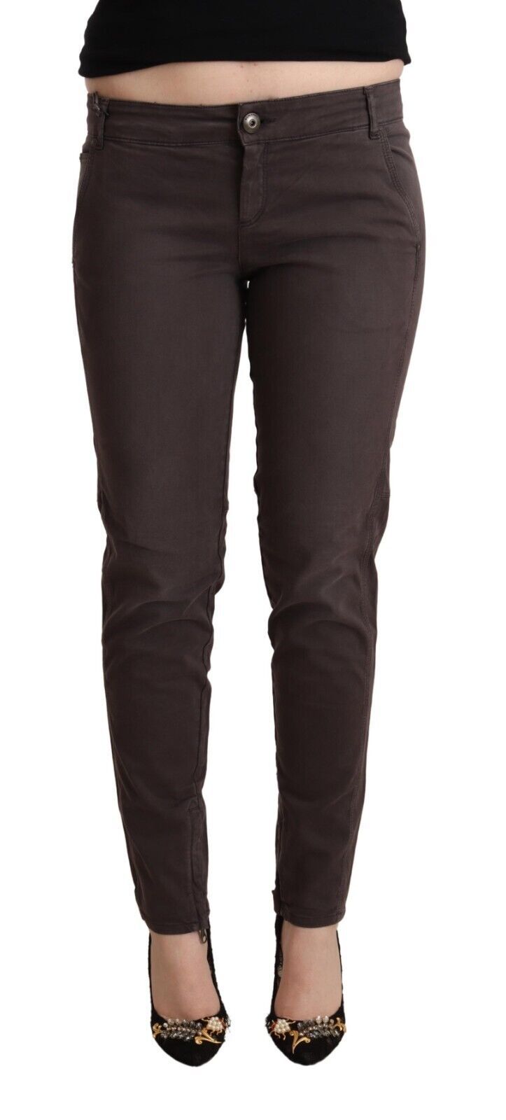 Brown Cotton Low Waist Slim Fit Pants - ventzia