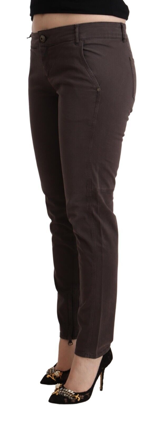 Brown Cotton Low Waist Slim Fit Pants - ventzia