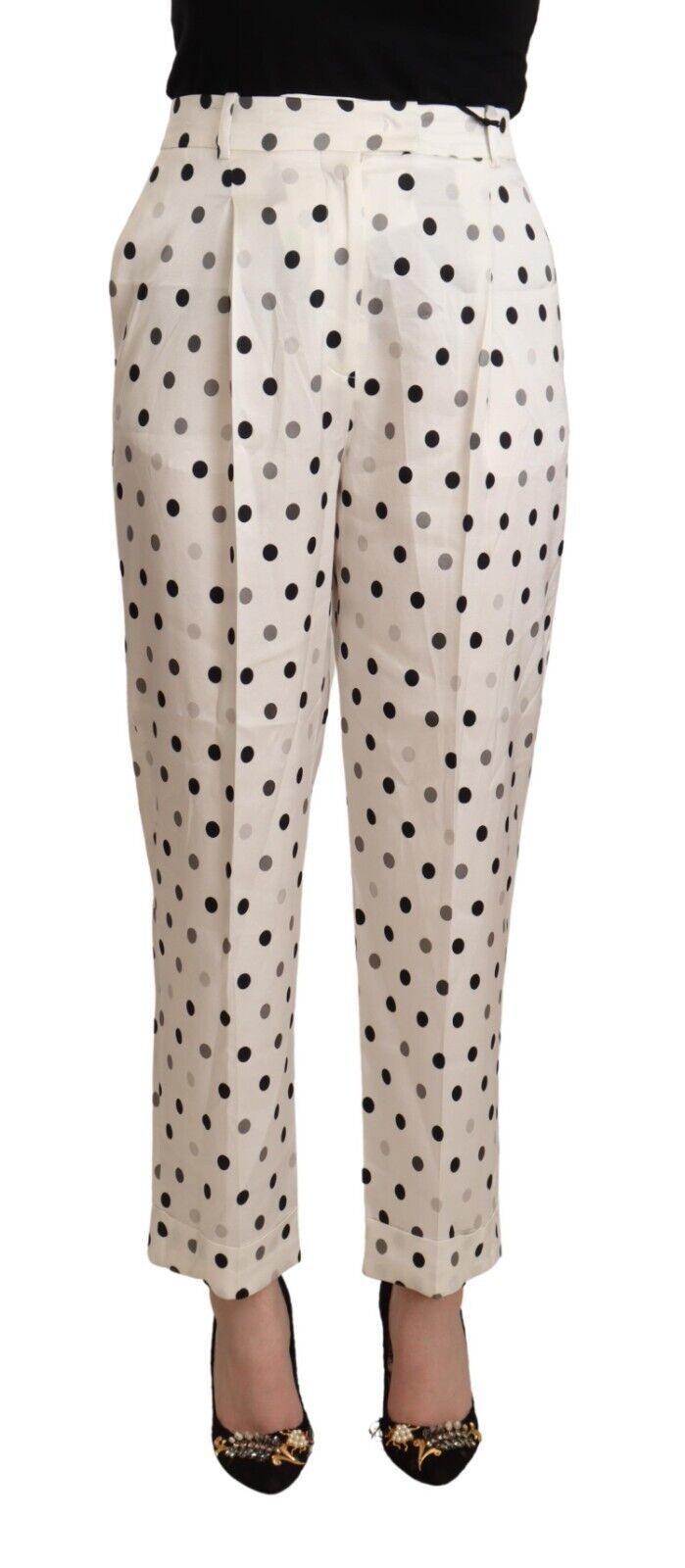 White Polka Dotted High Waist Tapered Pants - ventzia