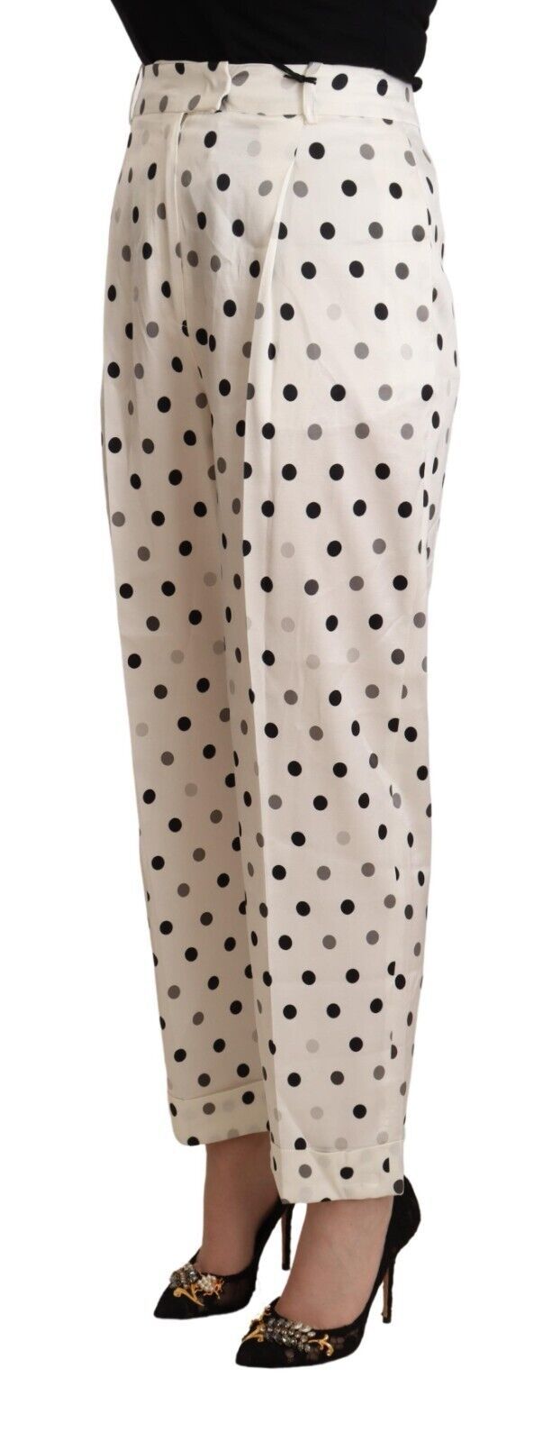 White Polka Dotted High Waist Tapered Pants - ventzia