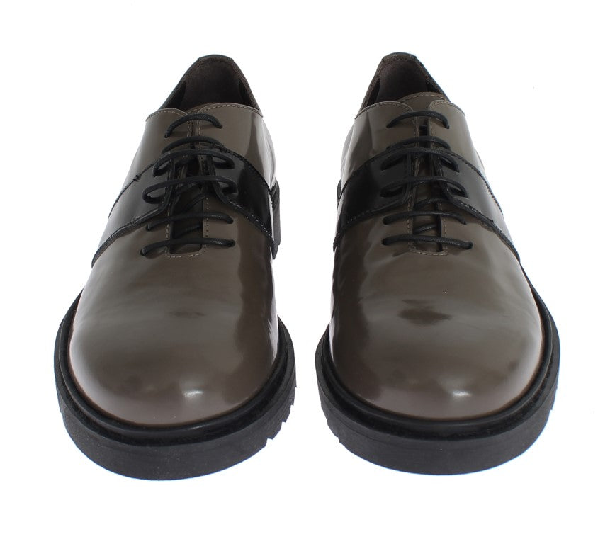 Gray Brown Leather Laceups Shoes - ventzia
