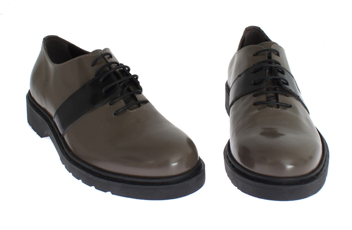 Gray Brown Leather Laceups Shoes - ventzia