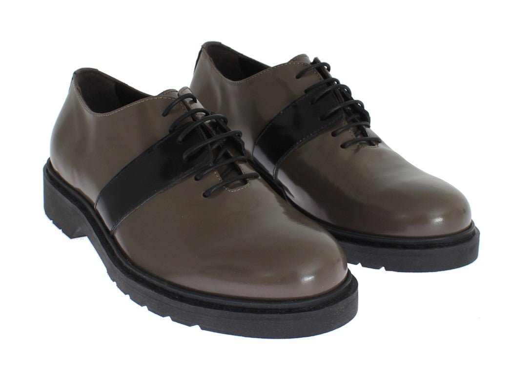 Gray Brown Leather Laceups Shoes - ventzia