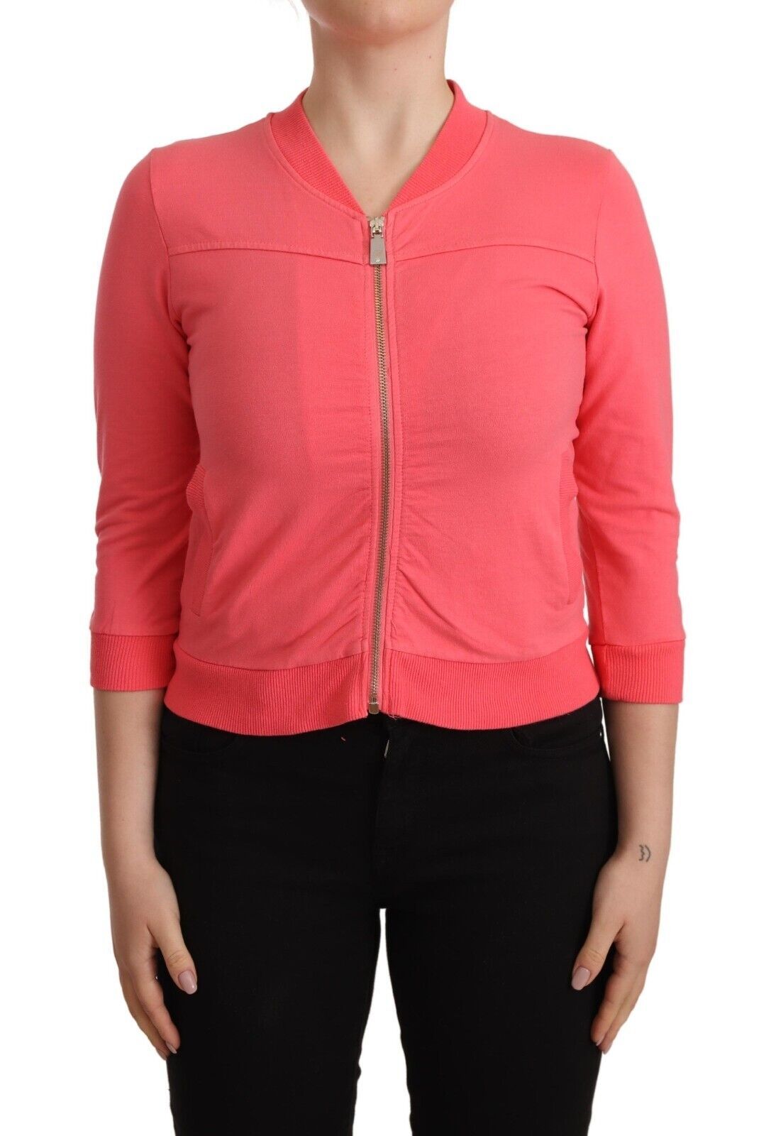 Pink 3/4 Sleeve Zip Embellished Sweater - ventzia