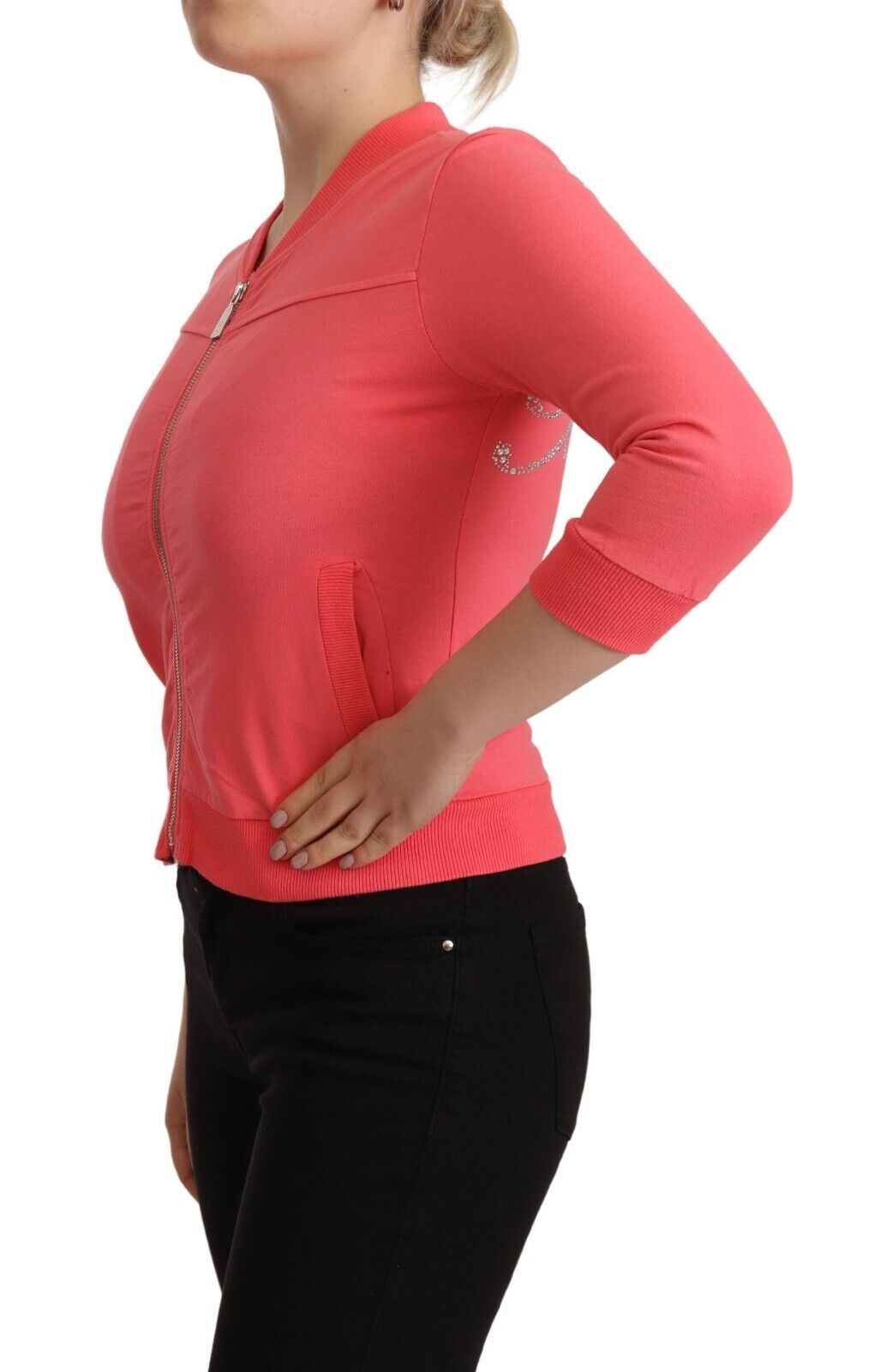 Pink 3/4 Sleeve Zip Embellished Sweater - ventzia