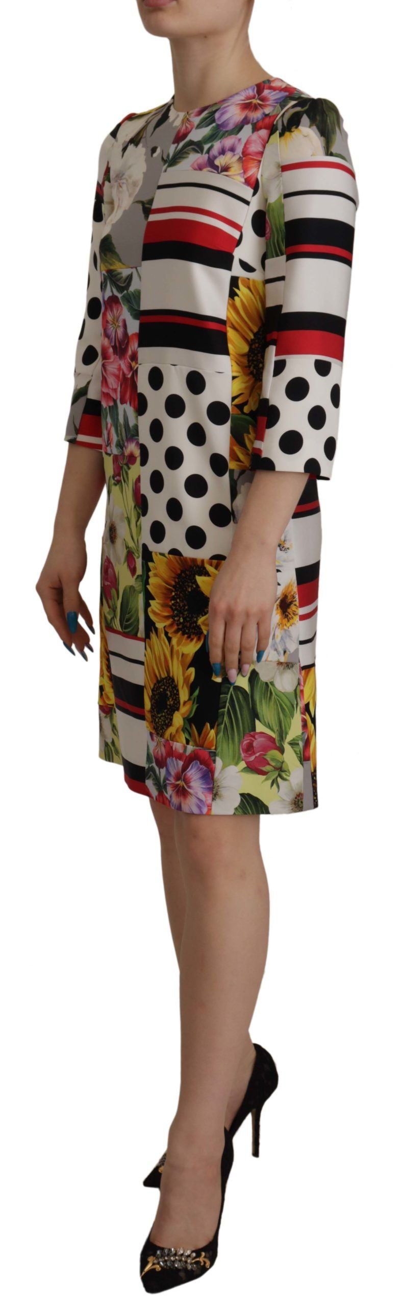 Multicolor Charmeuse Floral Sheath Jaquard Pachwork Dress - ventzia