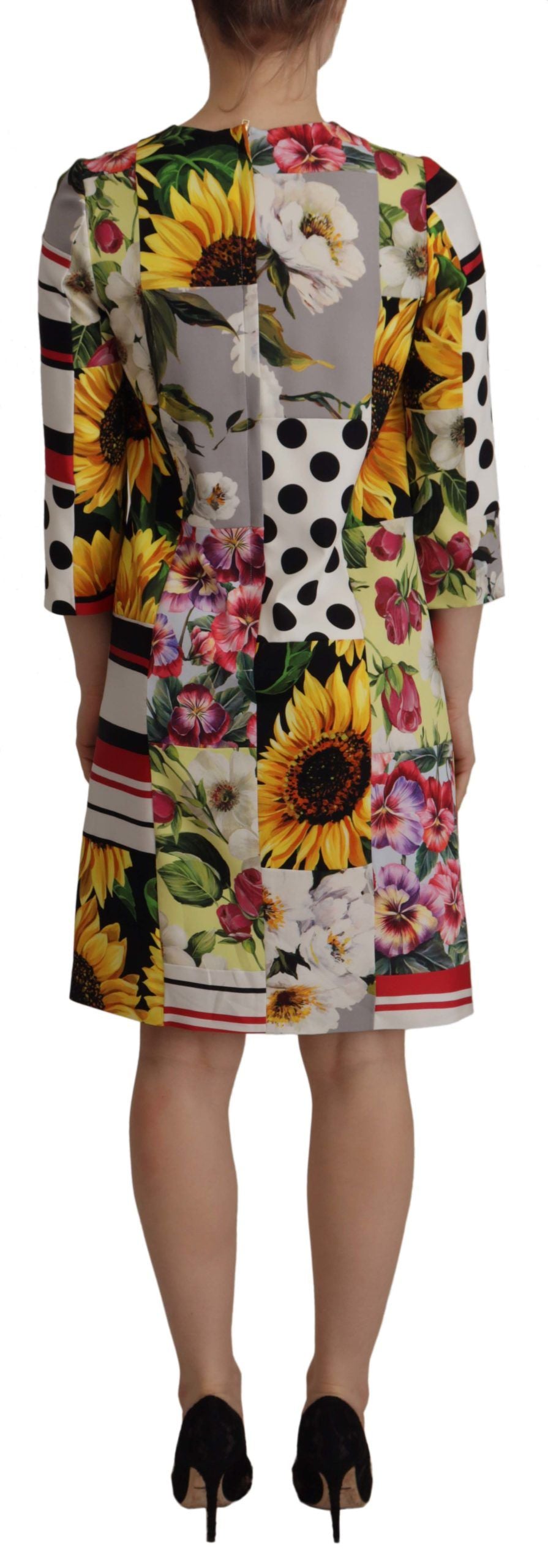 Multicolor Charmeuse Floral Sheath Jaquard Pachwork Dress - ventzia