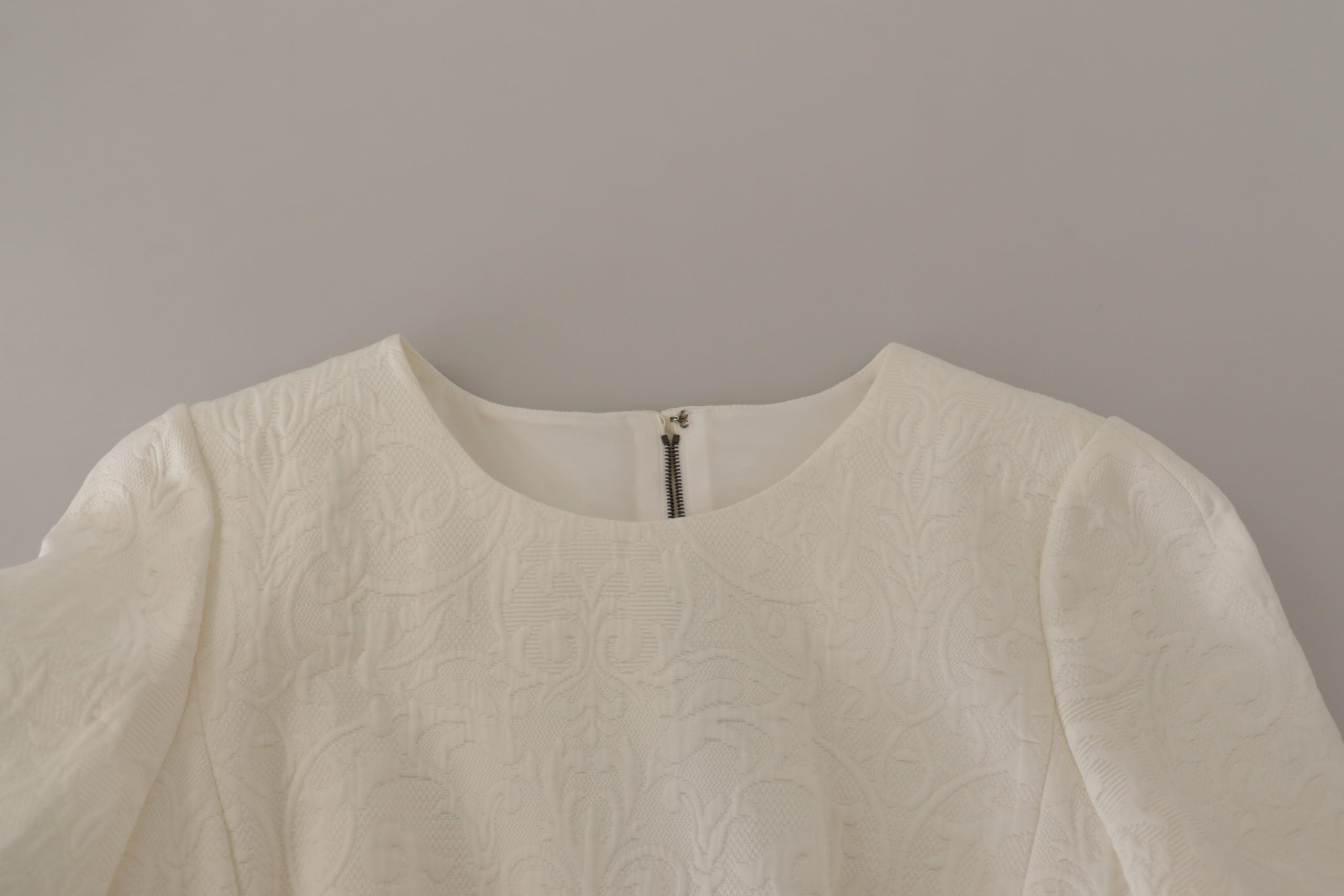White Jaquard Midi Floral Sheath Brocade Dress - ventzia