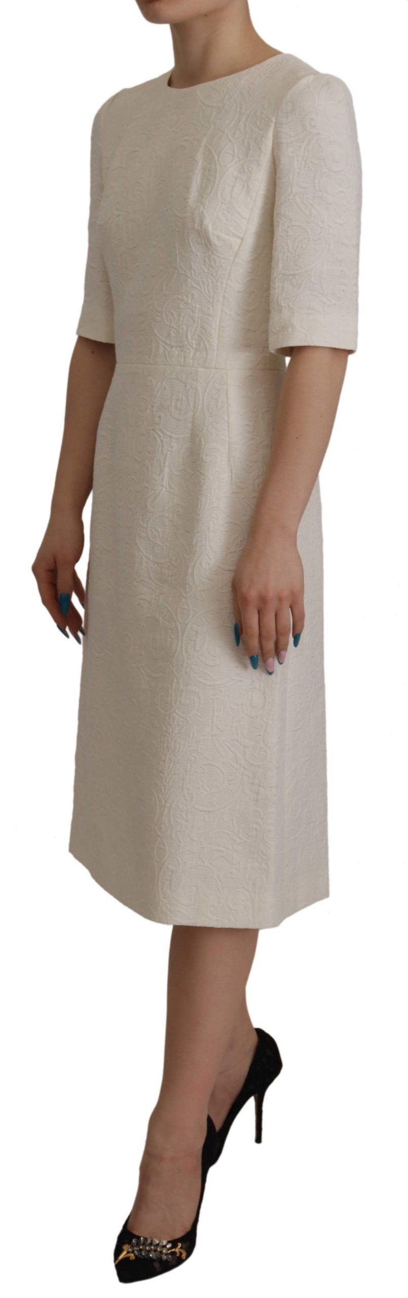 White Jaquard Midi Floral Sheath Brocade Dress - ventzia