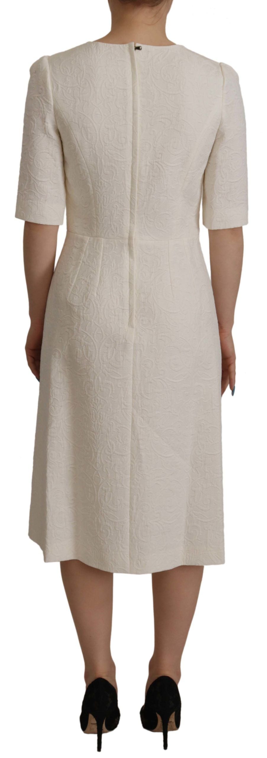 White Jaquard Midi Floral Sheath Brocade Dress - ventzia