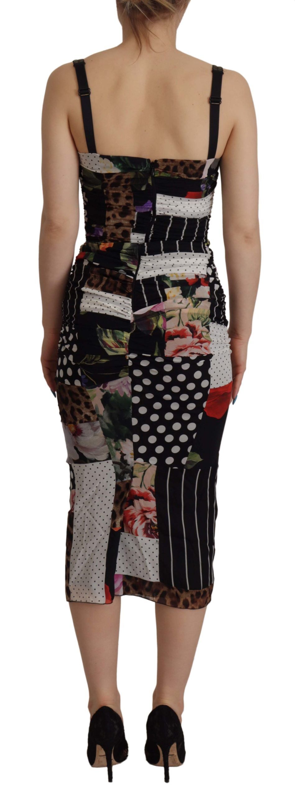 Multicolor Pachwork Midi Floral Silk Leopard Bodycon Dress - ventzia