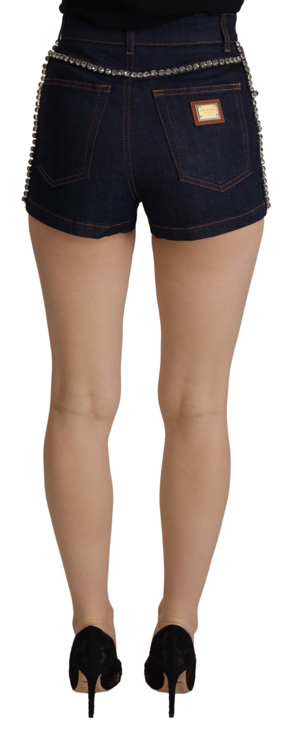 Blue Denim Stretch Crystal Hot Pants Shorts - ventzia