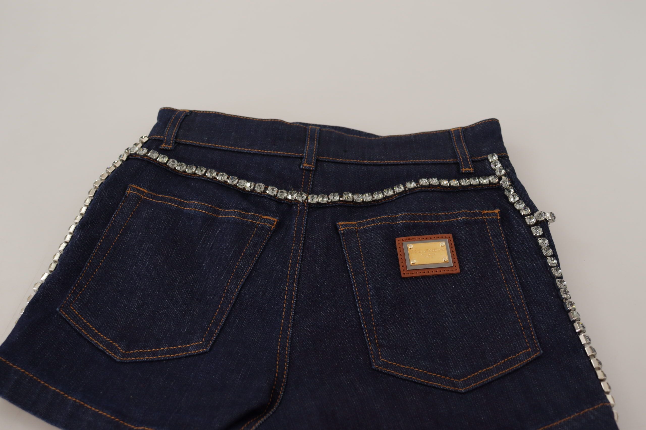 Blue Denim Stretch Crystal Hot Pants Shorts - ventzia