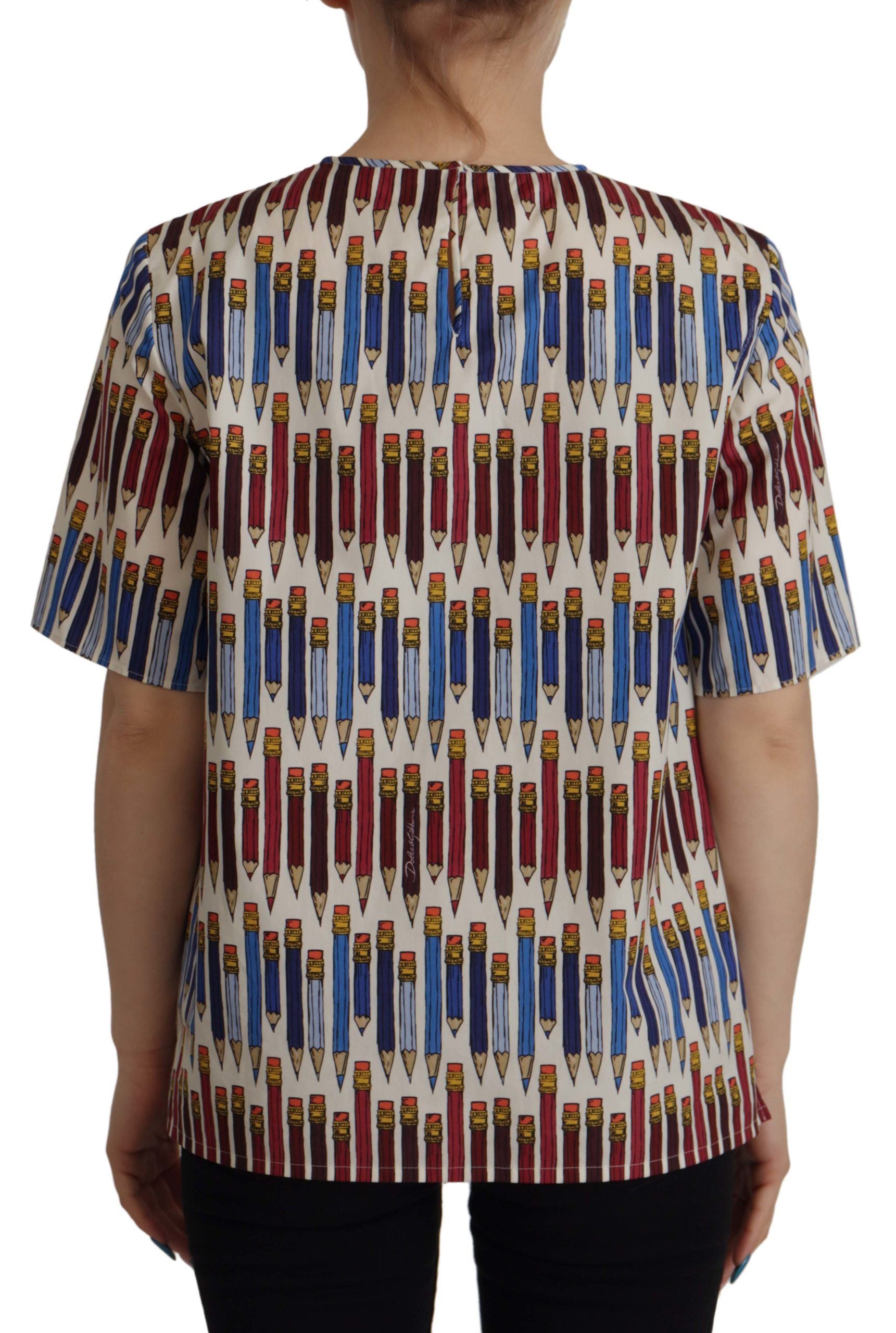 White Pencil Print Cotton T-shirt Blouse - ventzia