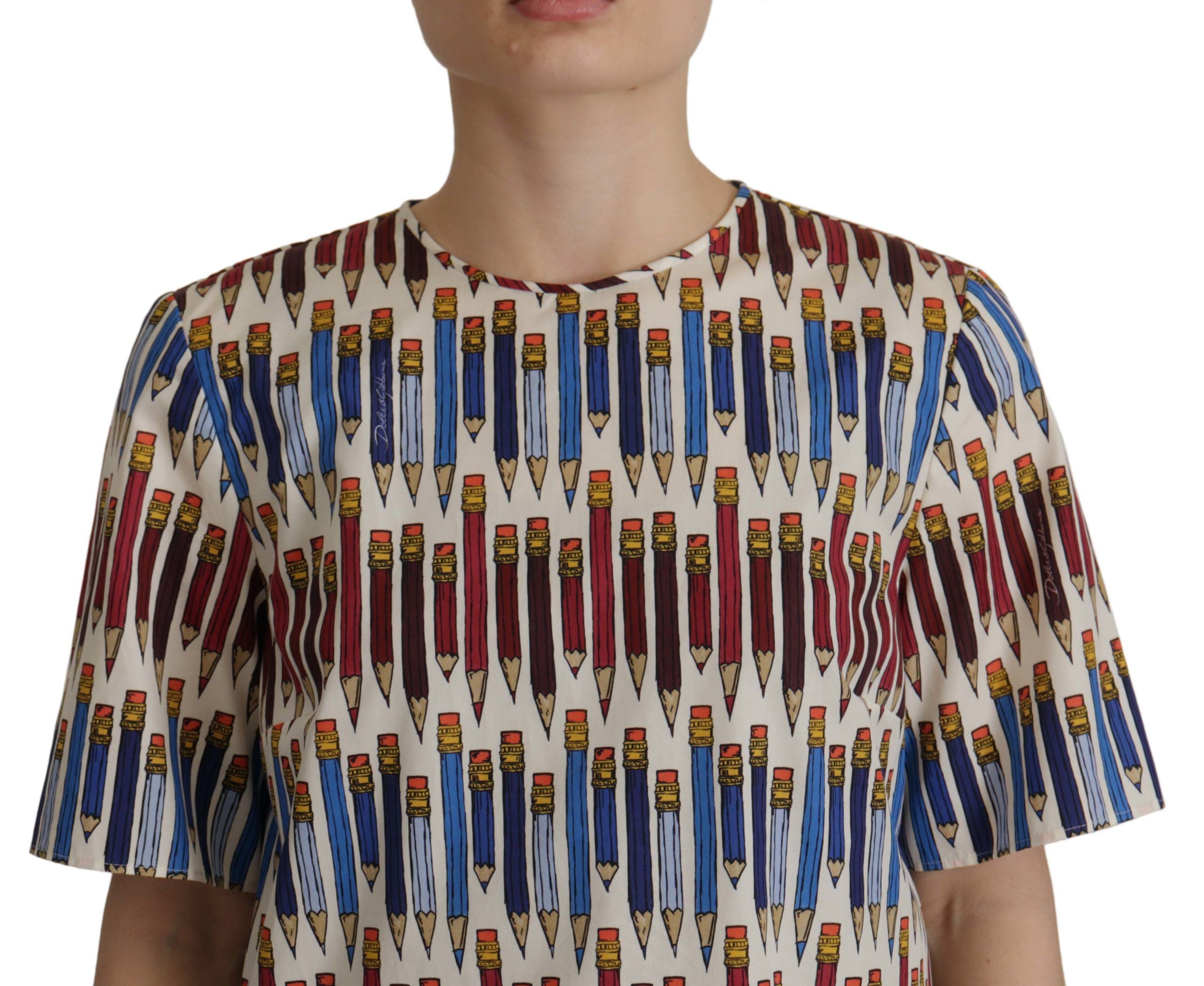 White Pencil Print Cotton T-shirt Blouse - ventzia
