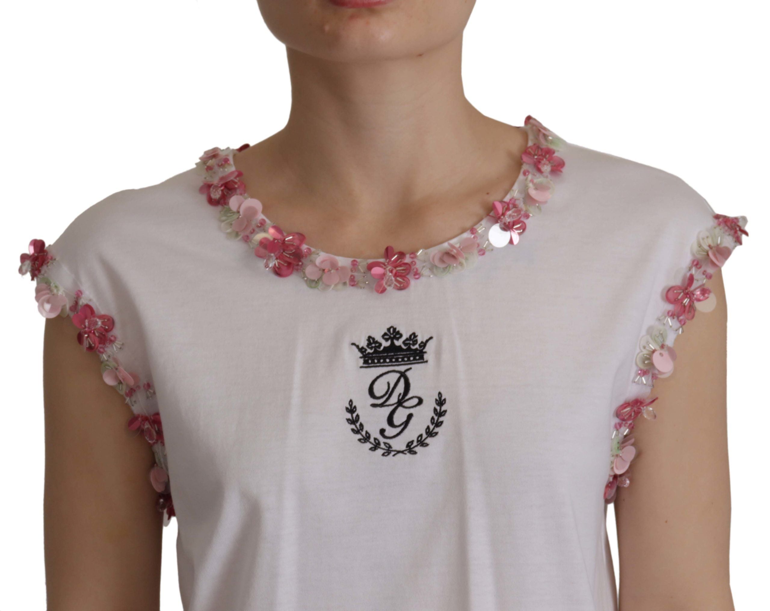 White DG Crown Floral Sequin T-shirt - ventzia