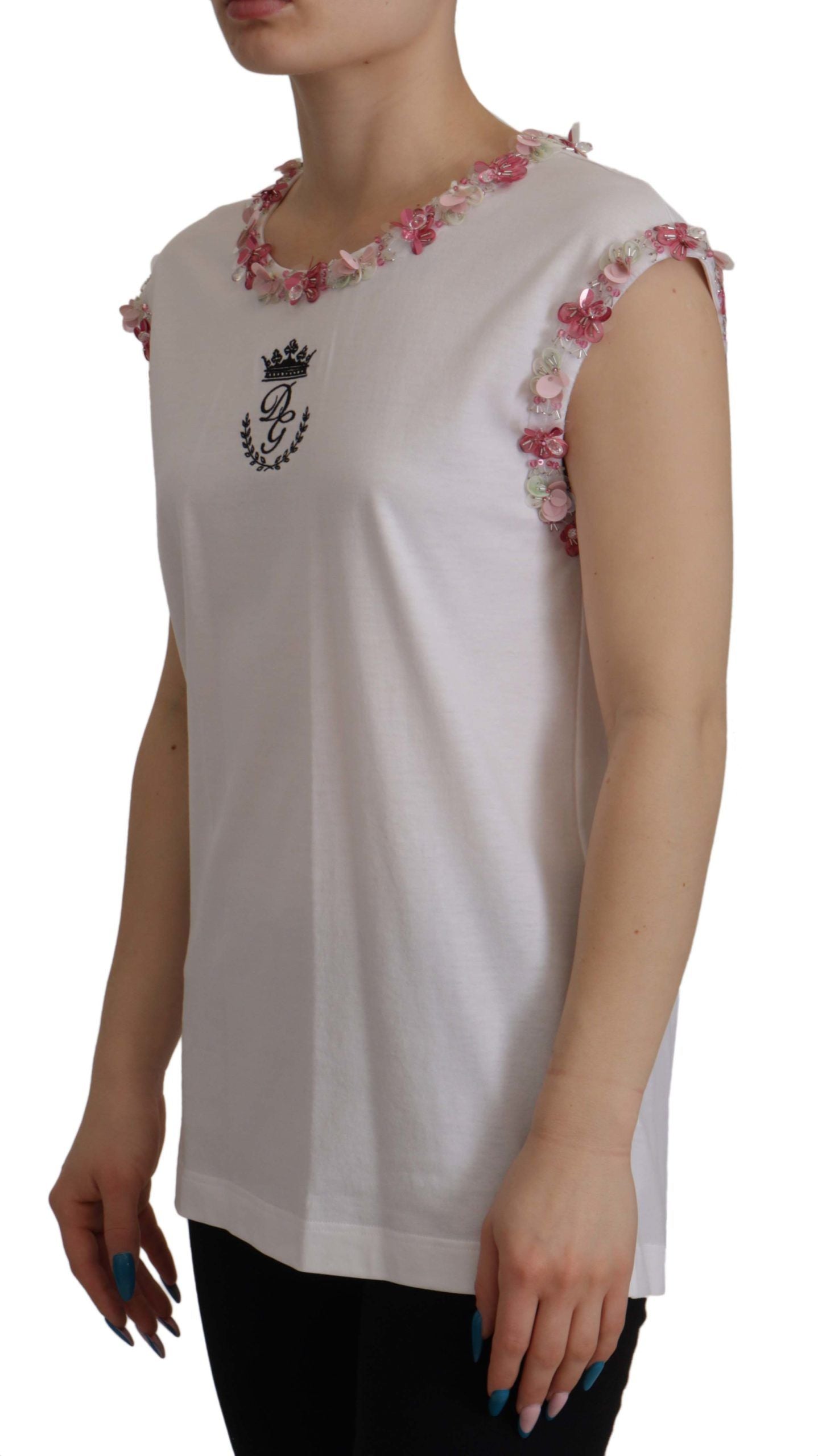 White DG Crown Floral Sequin T-shirt - ventzia