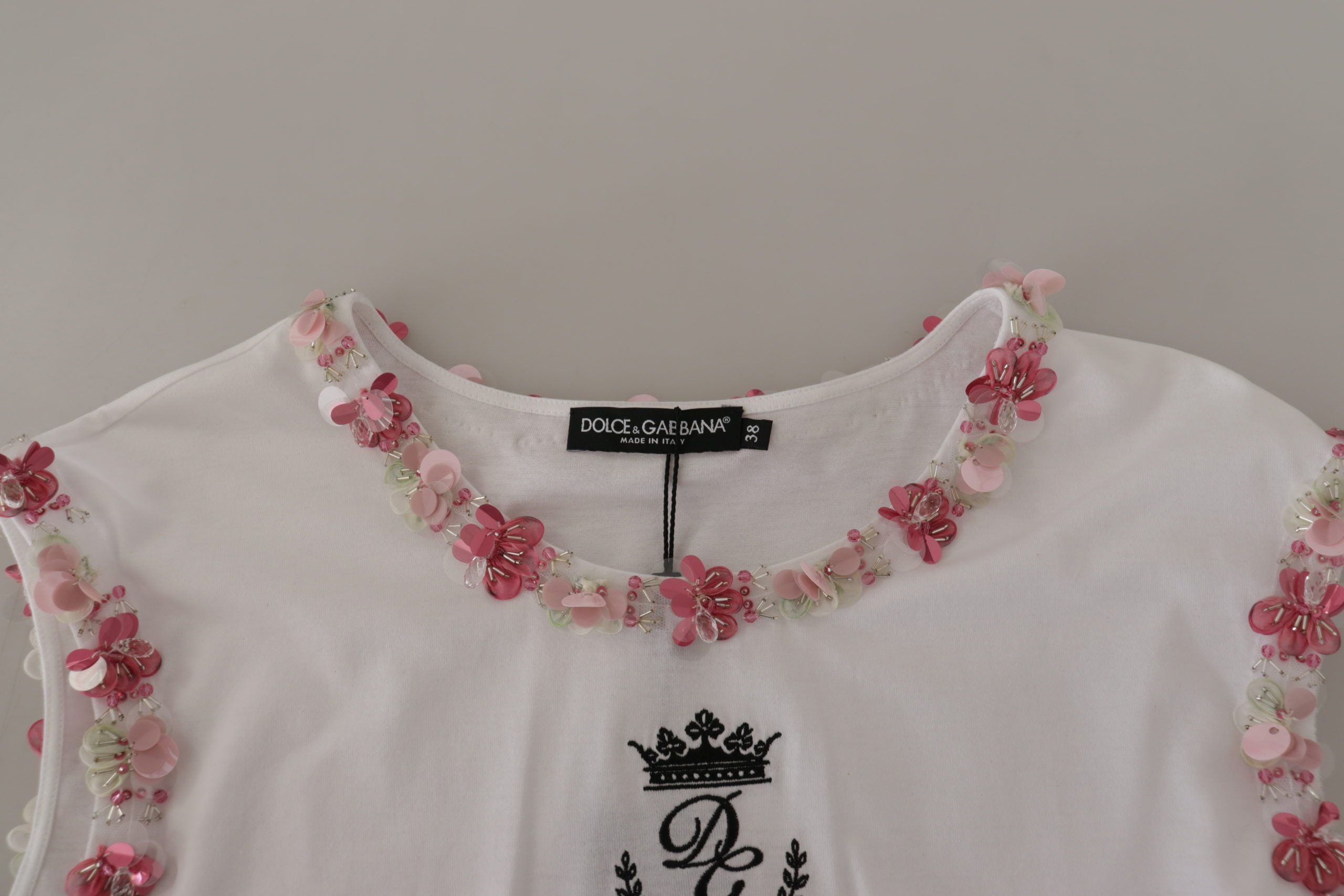 White DG Crown Floral Sequin T-shirt - ventzia